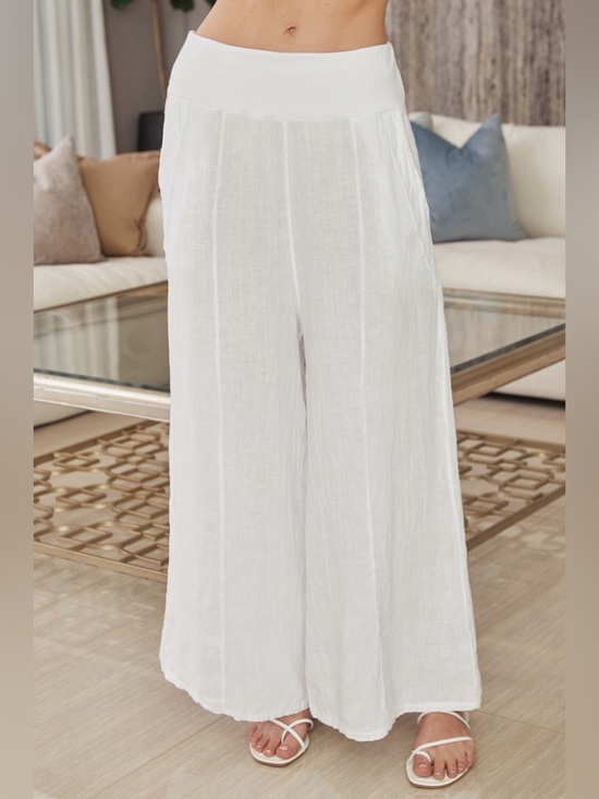 Milio Milano Pants - (18931-WHT)  LINEN SEAM STITCH DETAIL WIDE LEG PANTS